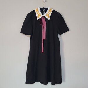Zara Black Short Sleeve Dress with Embroidered White Collar and Ribbon